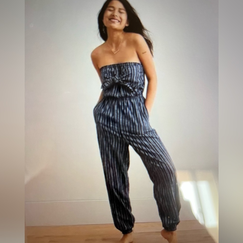 Aerie Blue Striped Tie Front Jumpsuit SIZE S